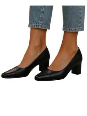 NATURALIZER Black Leather Square Toe Block Heel Pumps Parisian Size 8.5 Narrow